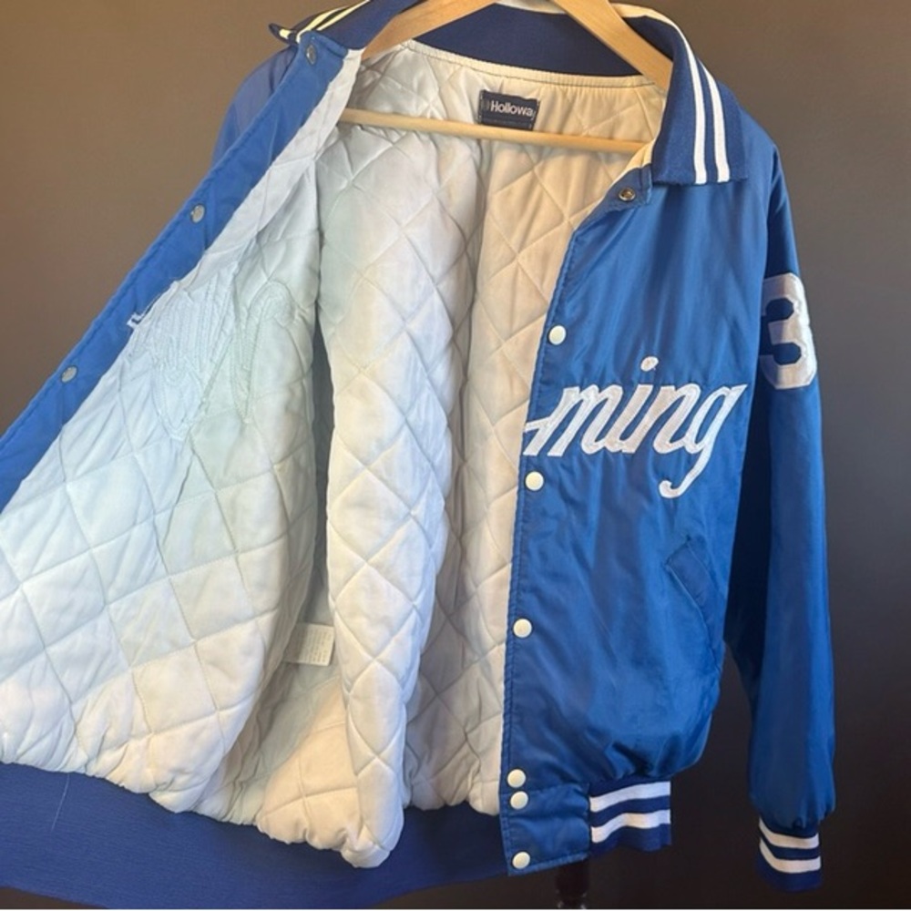 Vintage 90s Wyoming 36 Holloway Blue and White Varsity Bomber Jacket Men's - Picture 9 of 14